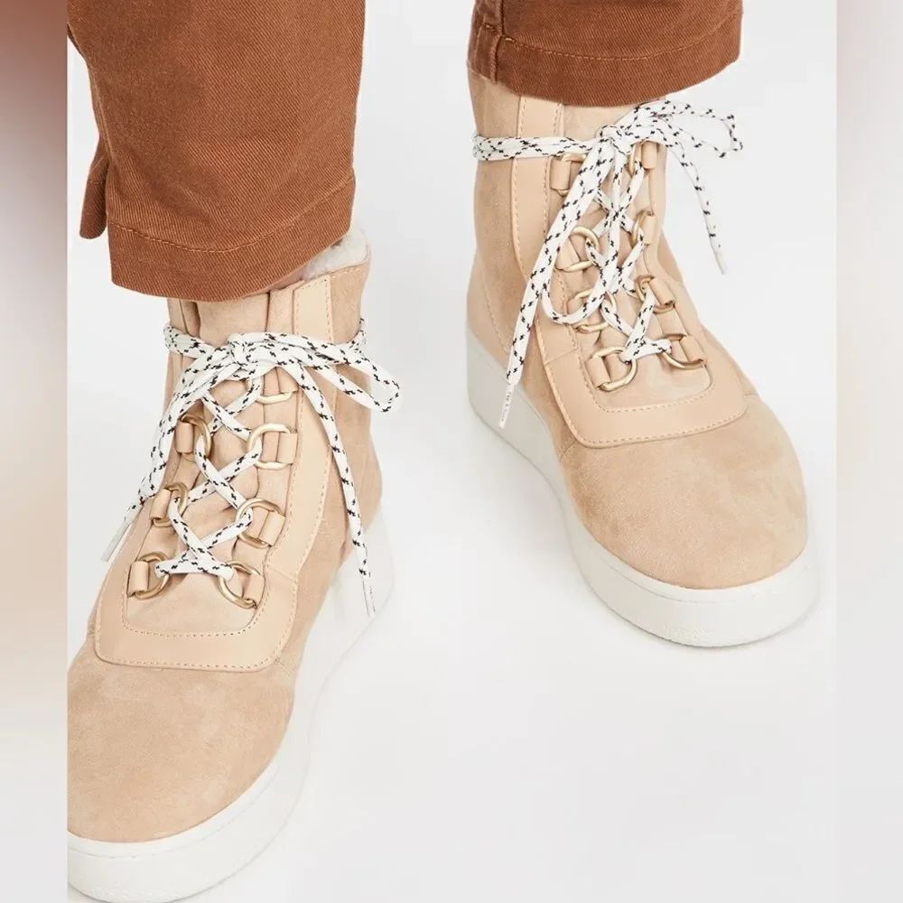 Revolve Rag & Bone Oslo Suede Leather Shearling Lambskin Booties in Stone Beige